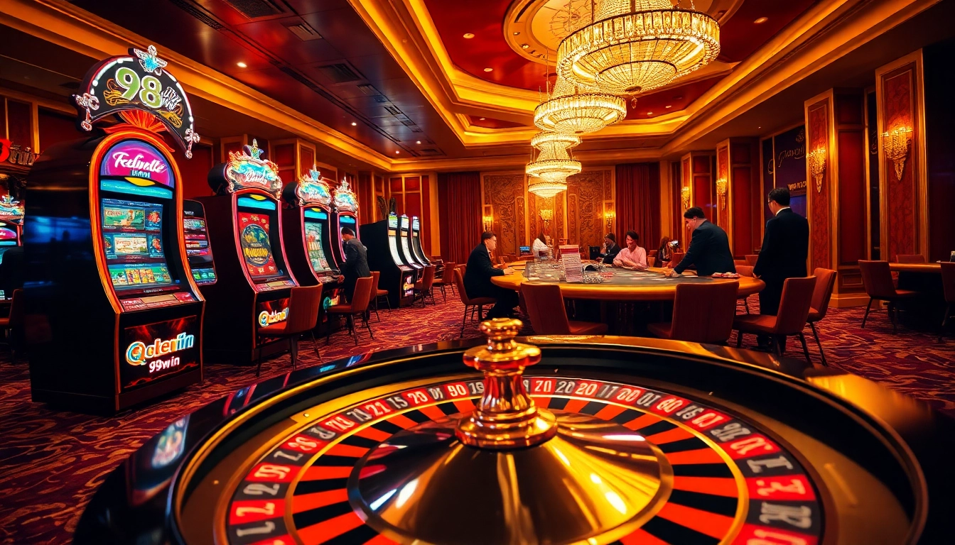 Experience the thrill of winning at 98win casino with an engaging roulette wheel and vibrant slot machines.