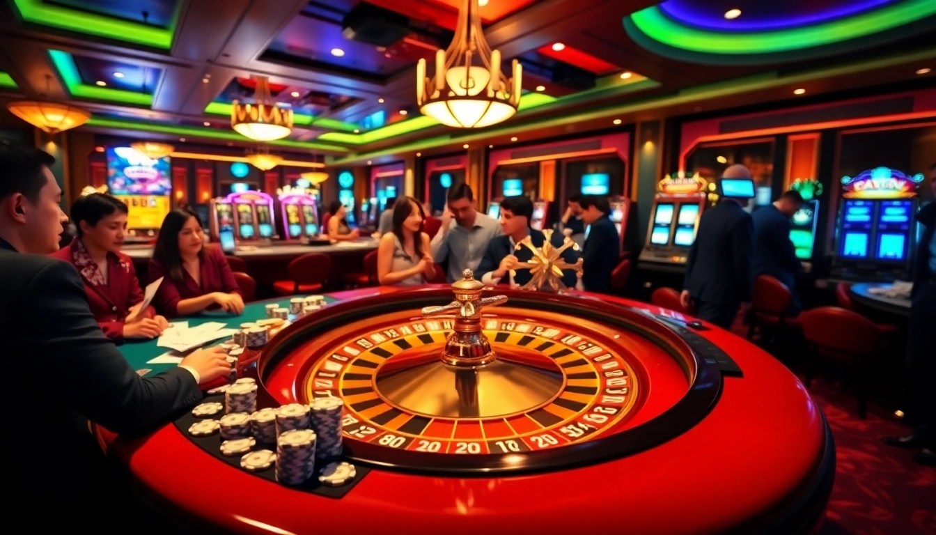 Exciting casino scene with players engaged around a roulette table, featuring https://mm88.moe/ elements.