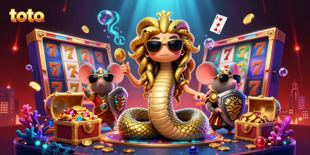Engage in thrilling gaming with the toto casino scene featuring Medusa and fun slot elements.