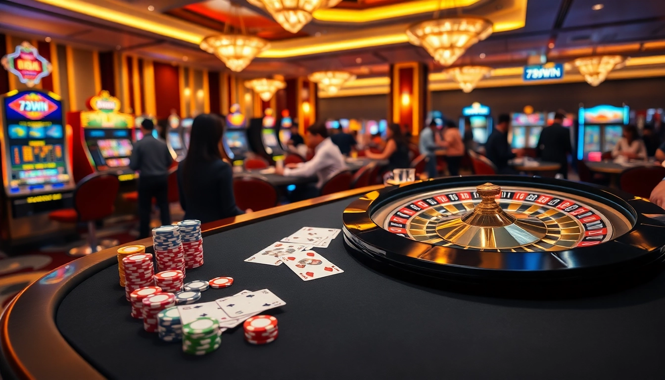 Experience the excitement of 789win with a vibrant casino atmosphere, poker chips, and roulette wheel.
