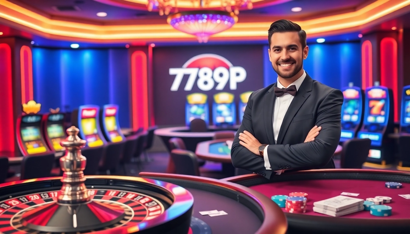 Experience the thrill of 789P with a luxurious casino scene featuring roulette and poker tables.