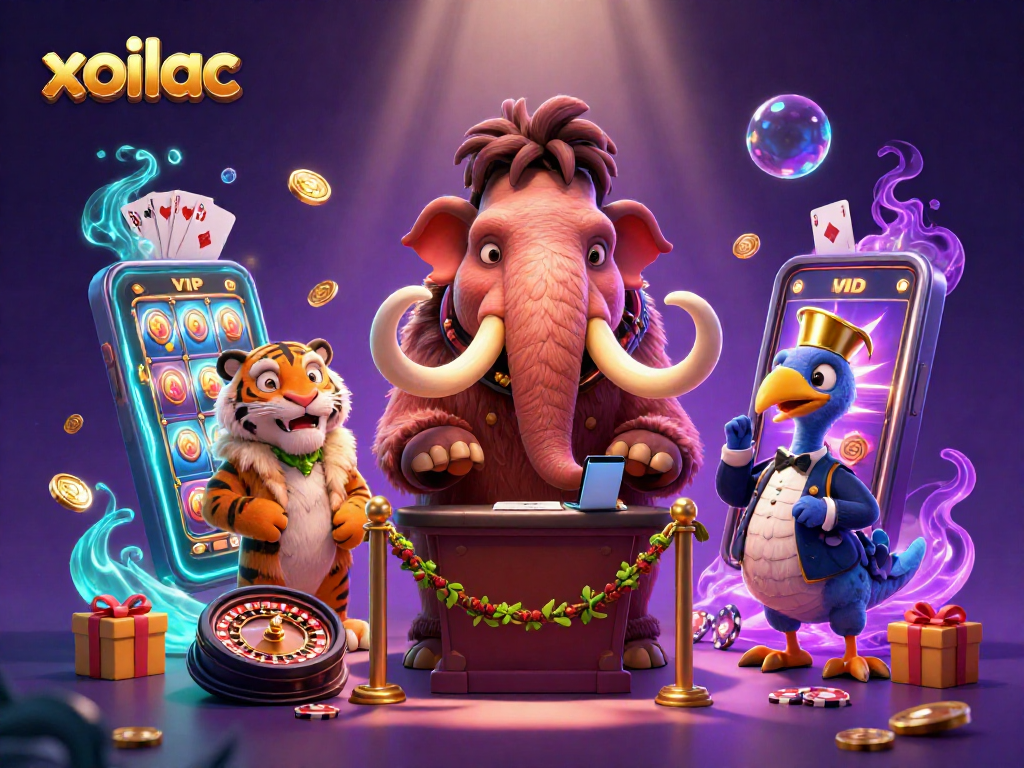 Xoilac engages players with a colorful slot game, featuring vibrant characters in an entertaining casino scene.