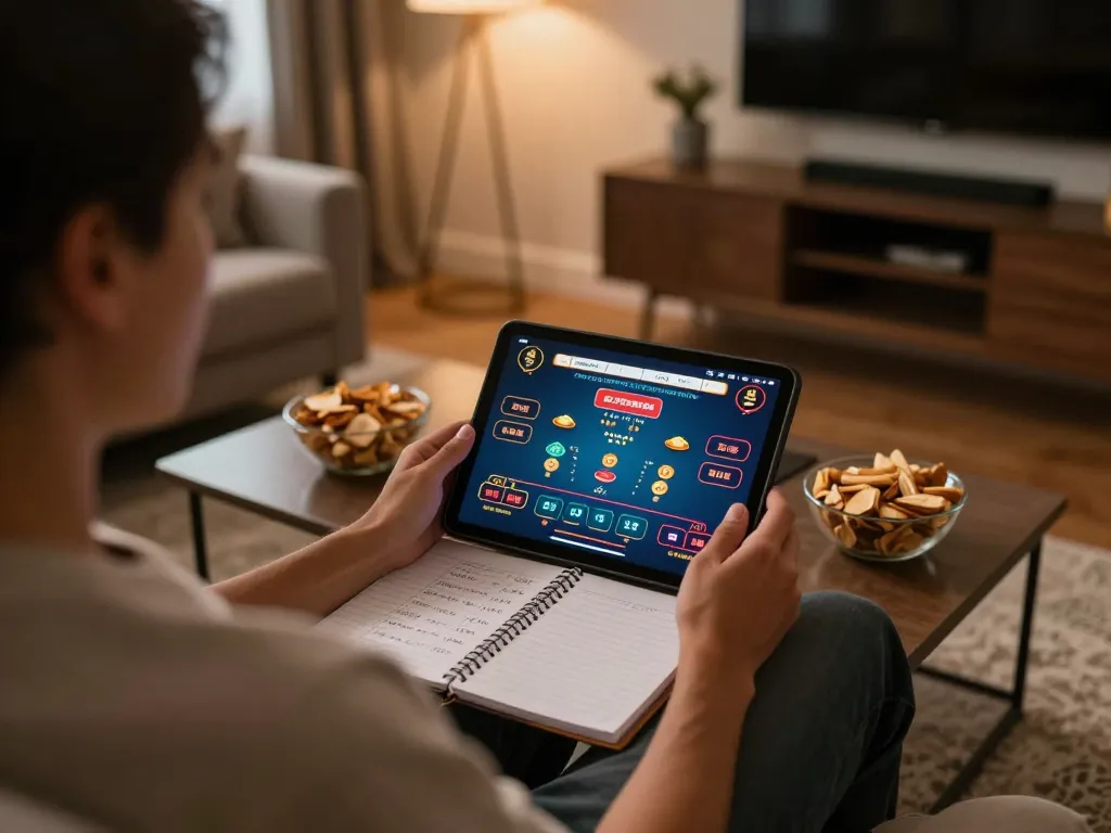 Player enjoying fly88 live dealer game on tablet in cozy home environment with strategy notes