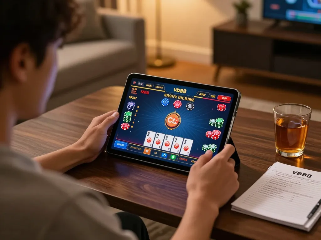 Engaging in vb88 online casino gameplay on a tablet, showcasing strategic betting environment and modern comforts