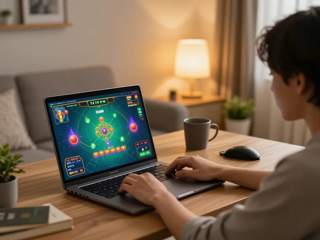 Tài xỉu online gameplay on a laptop in a cozy home setting with warm lighting.
