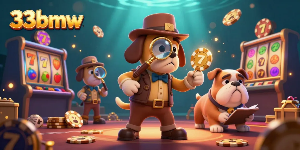 Explore thrilling adventures with 33bmw, showcasing 3D characters in a casino scene filled with golden poker chips and slot games.