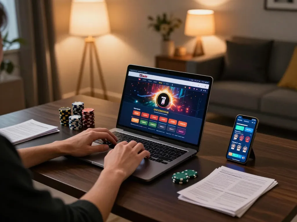 Player engaging with 78win online casino on a laptop, showcasing strategic betting at home