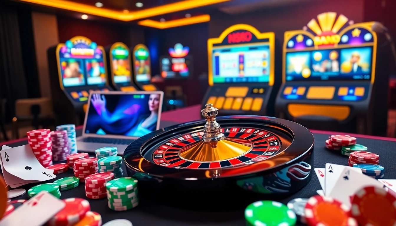 Experience OK8386's vibrant online casino scene with roulette, poker chips, and slot machines.