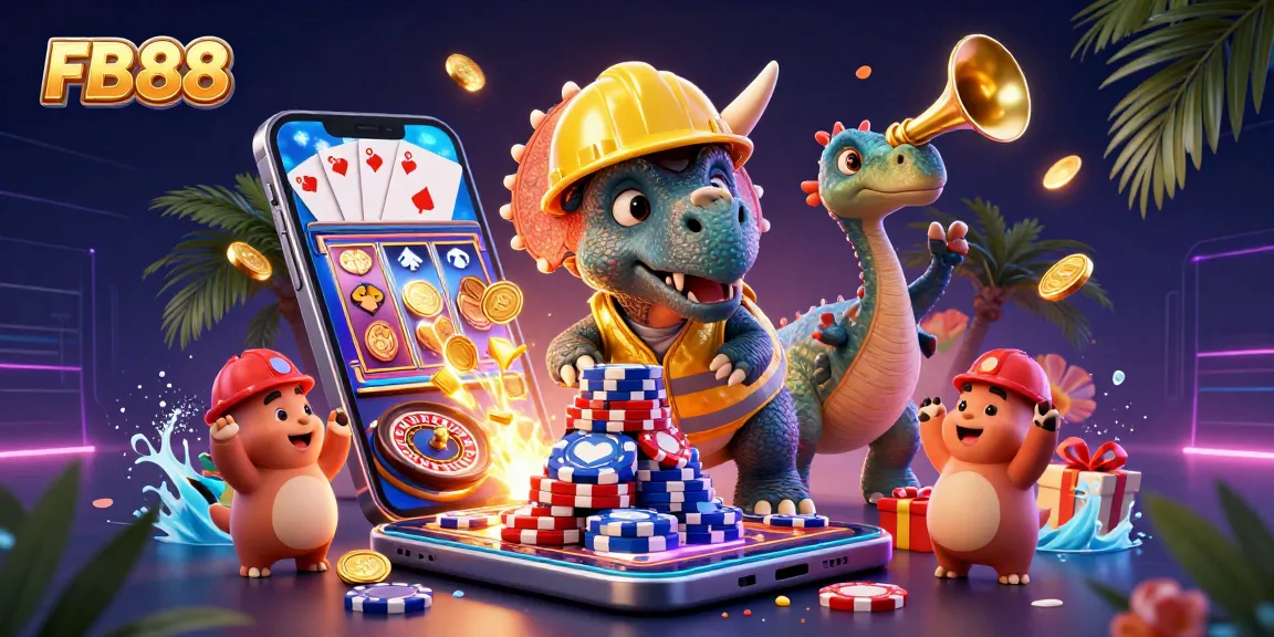 FB88 energizes the casino atmosphere with characters celebrating poker and slots amidst dynamic gaming elements.