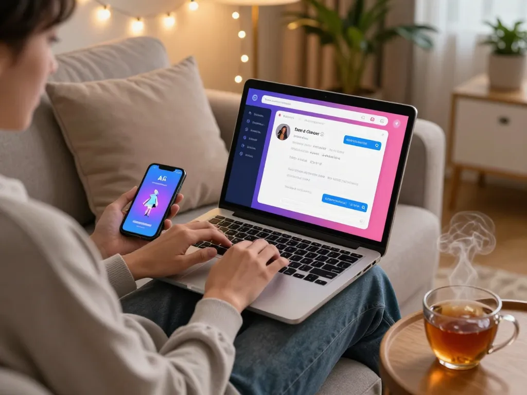 A person enjoying an ai sex chat interaction on a laptop in a cozy living room, showcasing digital engagement.
