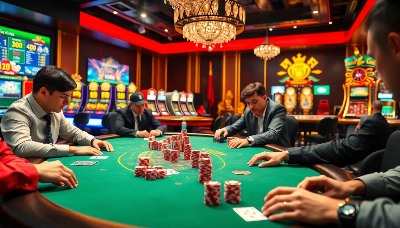 Engaged gamblers enjoying a high-stakes game at a ww88 poker table, surrounded by vibrant casino elements.