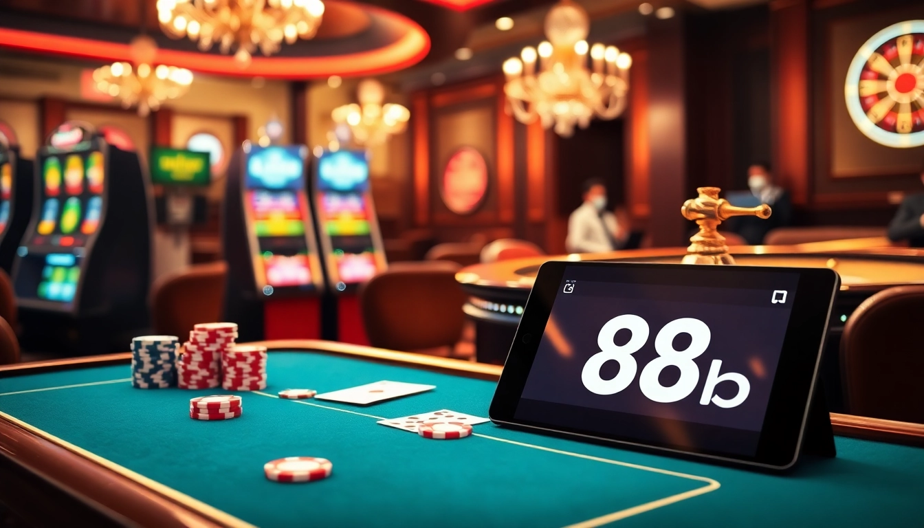 Engaging scene of an online casino experience with 888b, showcasing vibrant poker tables and bright slot machines.