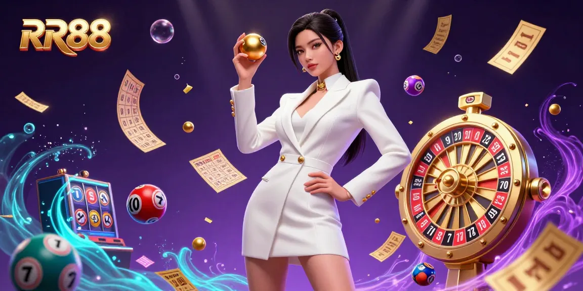 Experience the dynamic thrill of RR88 as colorful lottery balls and golden elements create an exciting casino atmosphere.