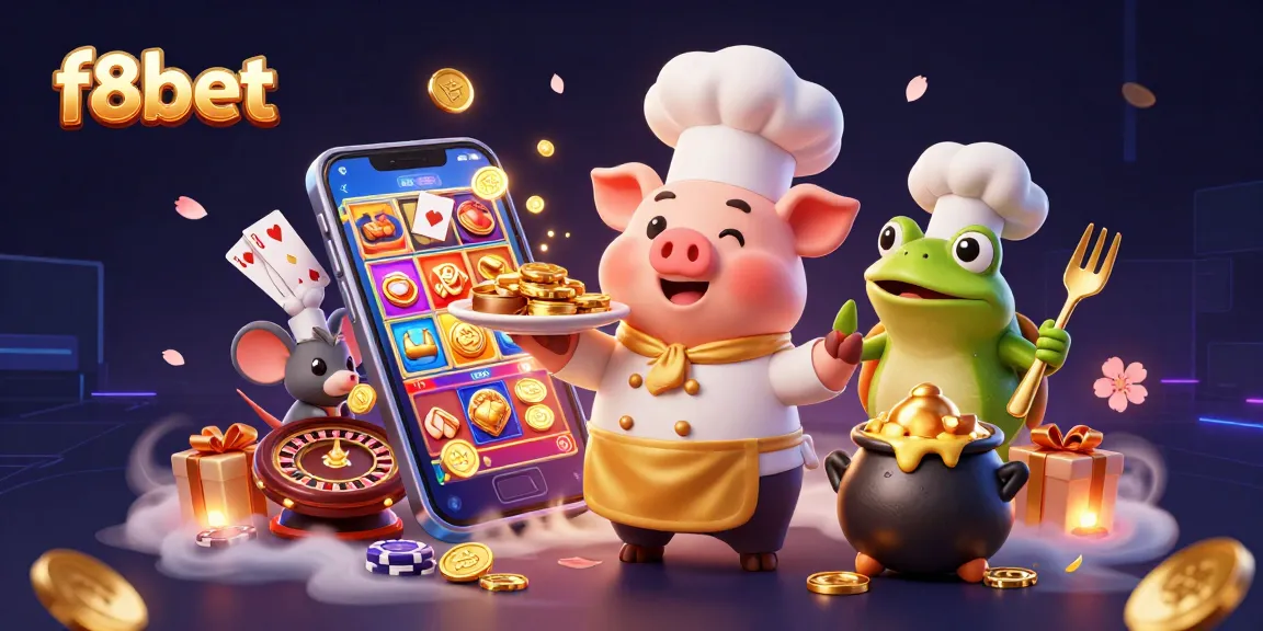 f8bet's playful casino-themed scene showcasing characters amidst vibrant gaming elements.