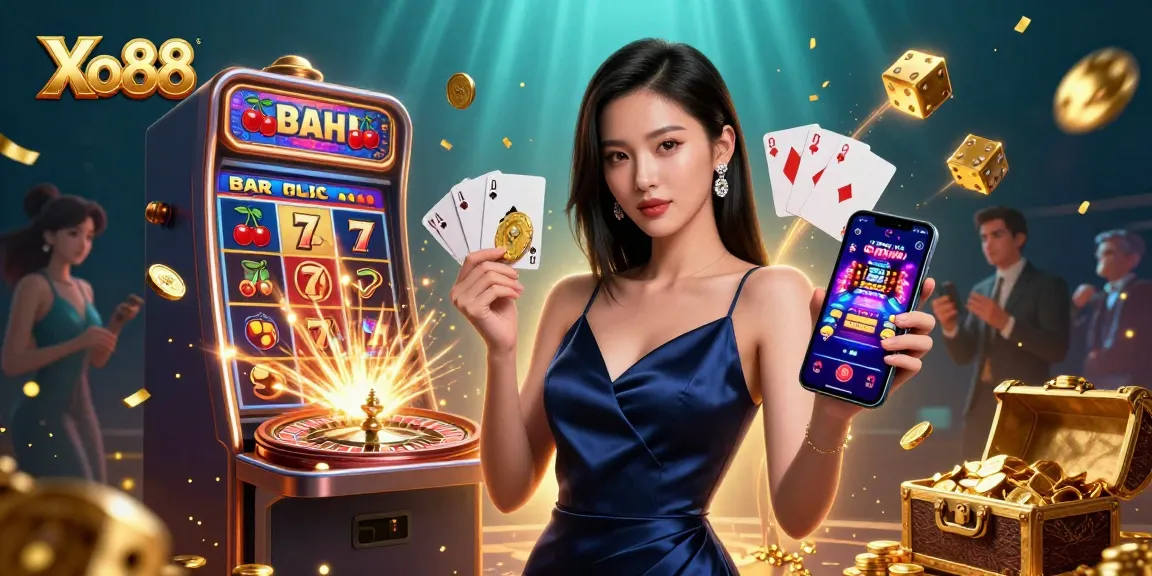 Xo88 engages players with a stunning Asian woman showcasing a casino app and a golden chip, amidst vibrant gambling elements.