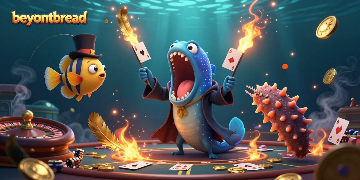 beyondbread showcases an enchanting 3D scene with a bioluminescent eel performing card tricks, highlighting the vibrant casino atmosphere.