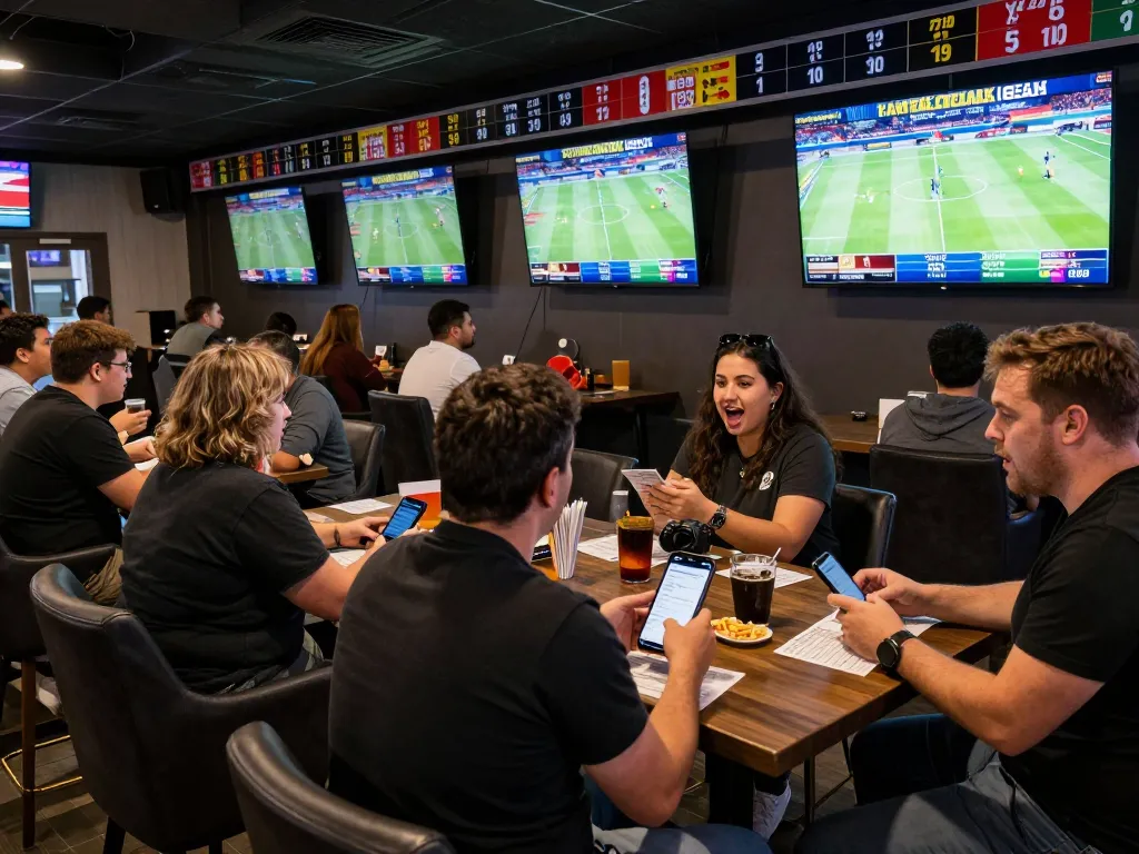 People participating in แทงบอล betting at a lively sports bar, showing excitement and engagement with games.