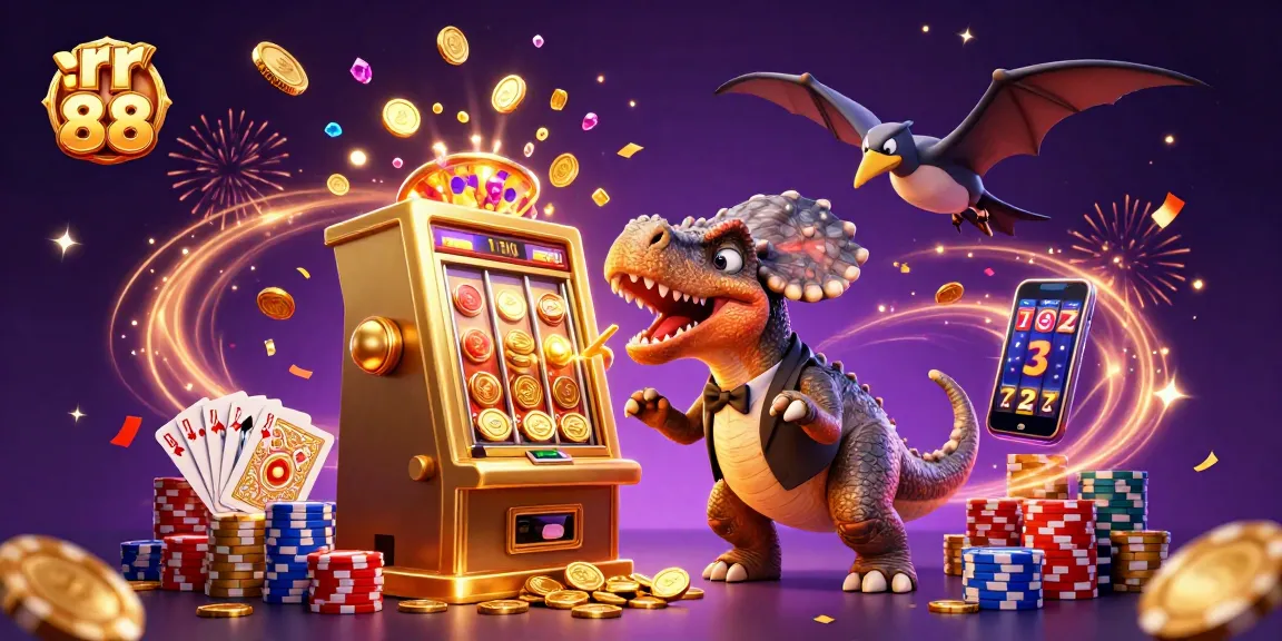 rr 88 features a cartoon dinosaur headbutting a slot machine, sparking a golden coin win in this vibrant casino scene.