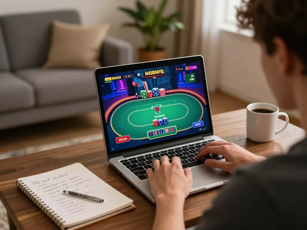 Engaging online poker game setup by sunwin with laptop and strategy notes in cozy atmosphere