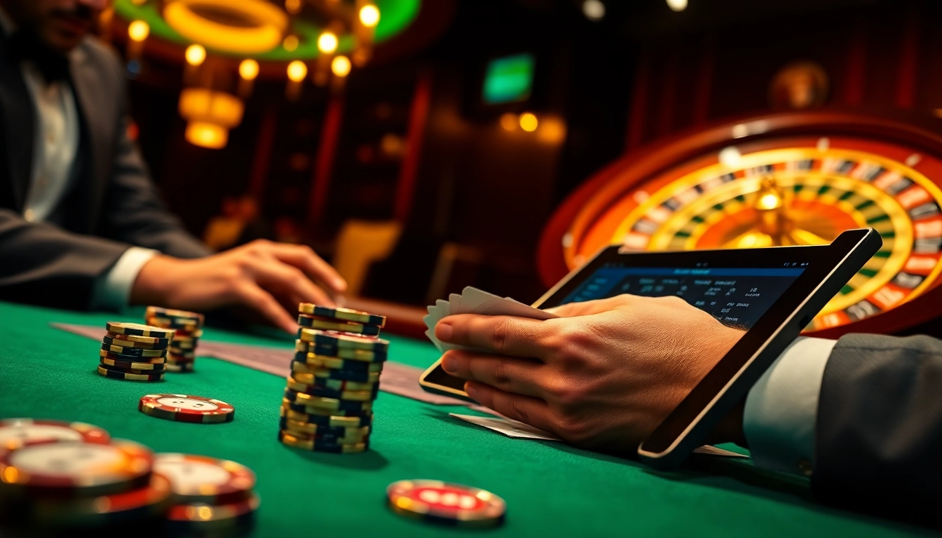 Professional gambler analyzing https://tg88.actor/ online poker strategy with chips and cards on casino table