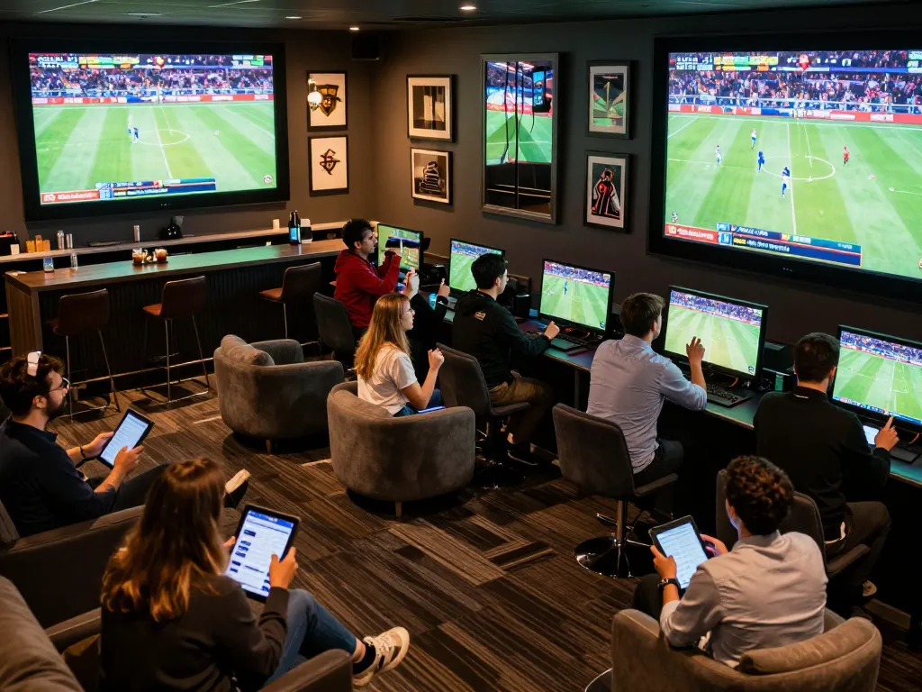 View of sports enthusiasts placing bets at 7mcn betting lounge, large screens showing live games.