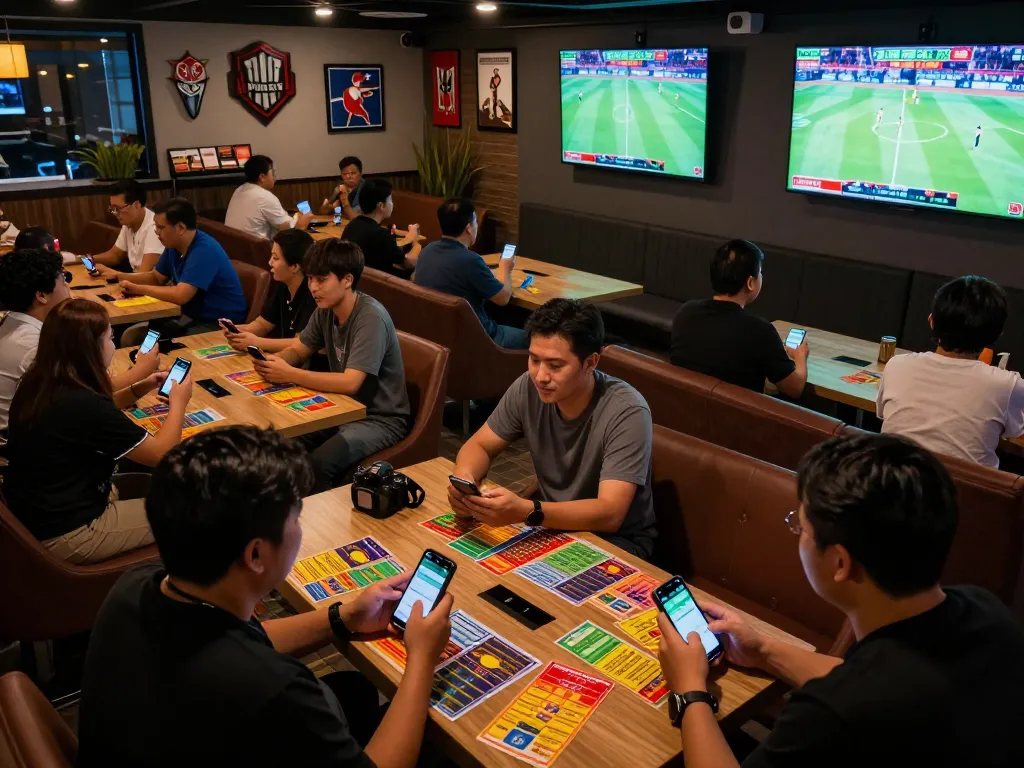 Excited bettors engaging with the nhandinhkeonhacai app in a lively sports betting lounge.