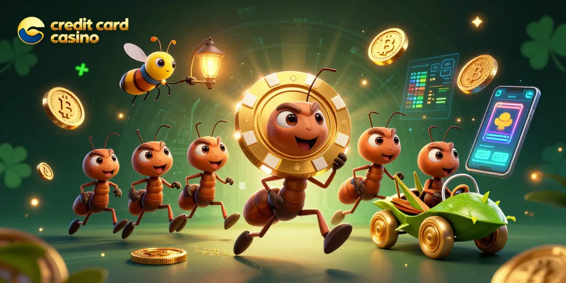 Engage with a vibrant scene of a credit card casino heist led by cartoon ants carrying a giant poker chip.