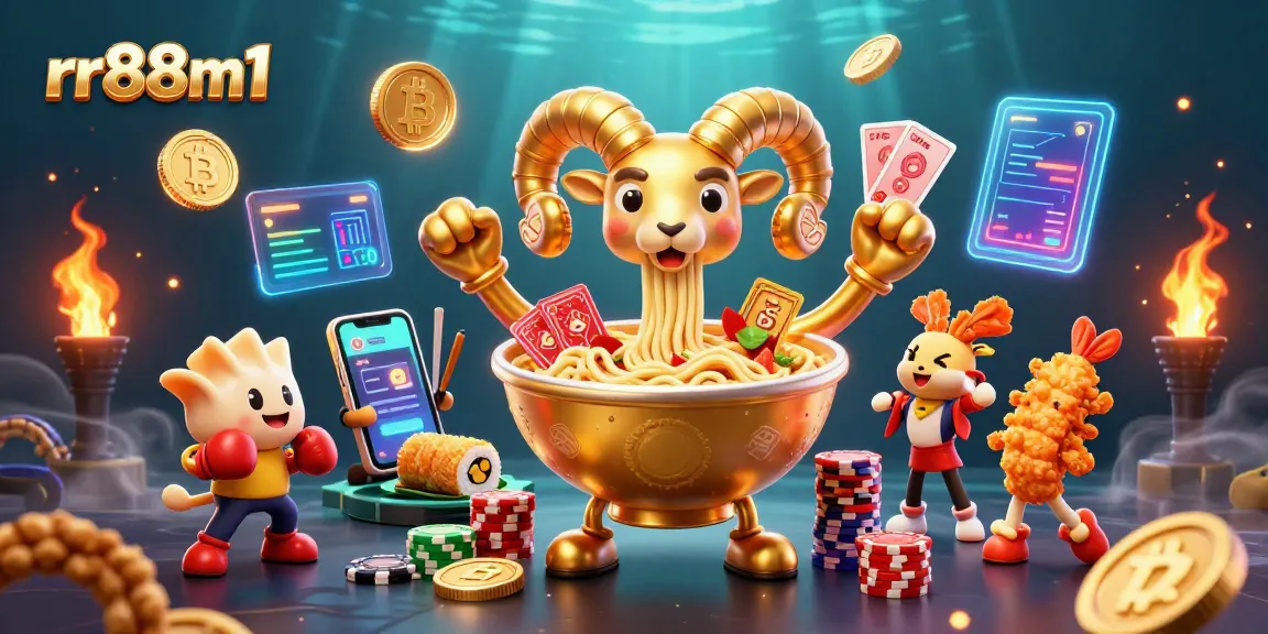 Experience vibrant gaming at rr88m1 with a dynamic digital illustration featuring cartoon characters and crypto elements.