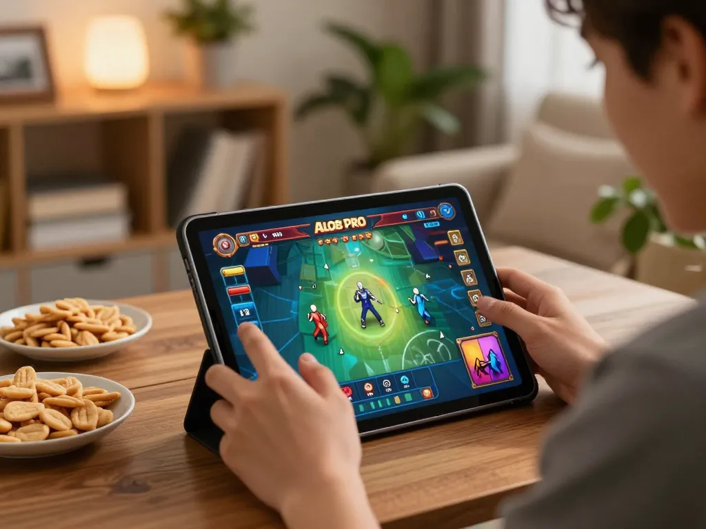 Player enjoying ALO8 PRO games on a tablet in a cozy home setting, engaging in online gambling.