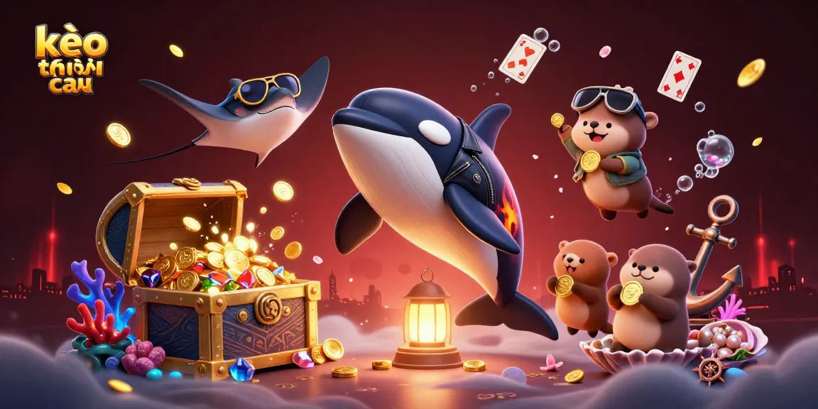 Engage in kèo nhà cái action with a vibrant 3D casino scene featuring an orca, stingray, and otters with coins.