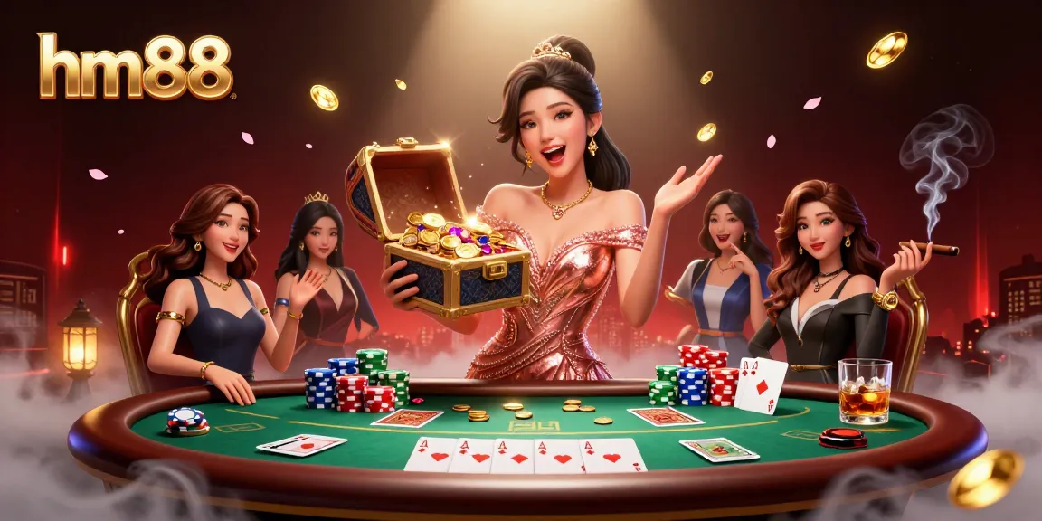 Experience winning joy at hm88 with a stunning treasure chest overflowing with gems and gold.