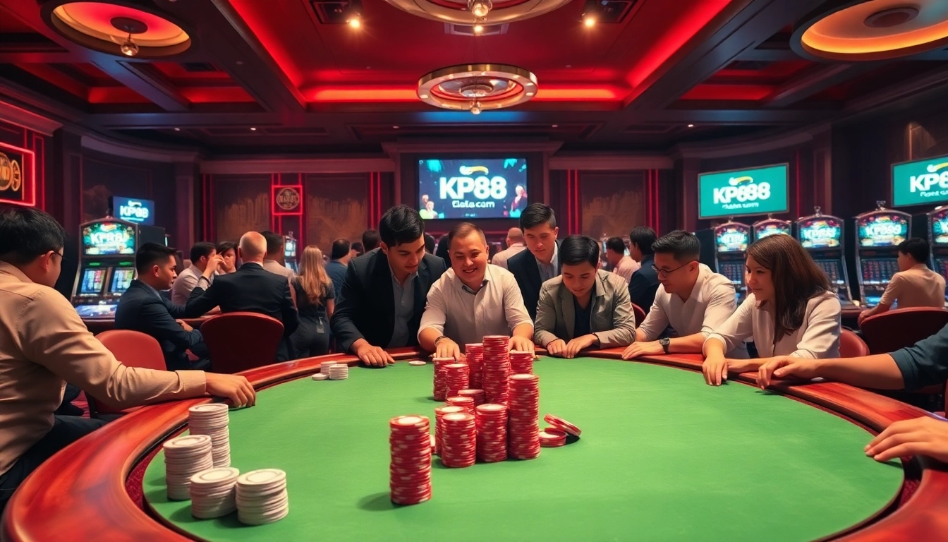 A lively casino scene featuring players at a poker table, showcasing excitement and luxury in a KP88 com setting.