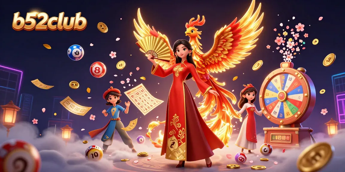 B52Club celebrates winning moments with vibrant lottery and casino elements in an engaging 3D scene.