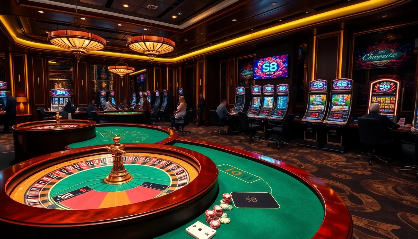 Engage in an exciting online gambling experience at S8 with luxurious casino tables and vibrant gaming elements.