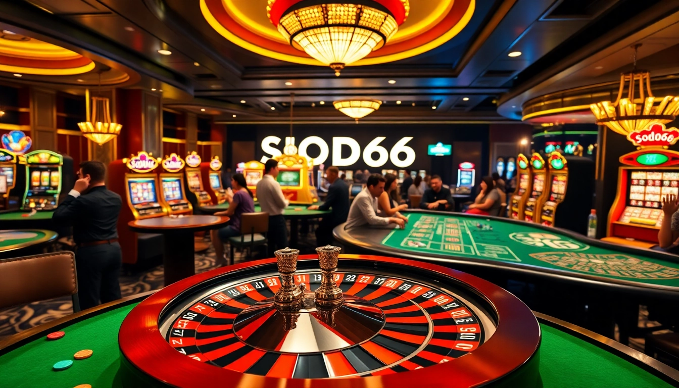 SODO66 casino gaming floor bustling with excitement featuring roulette, slots, and poker tables.