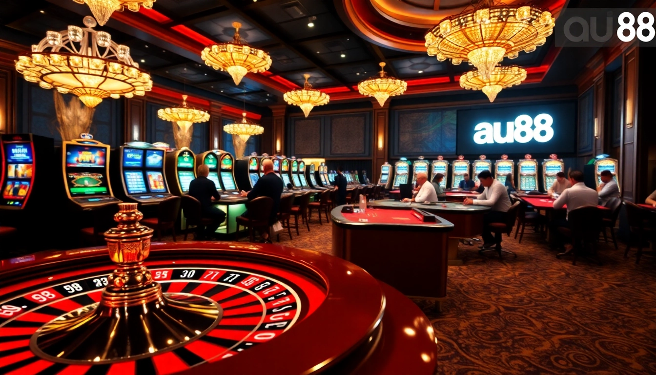 Players at au88 casino engage in exciting games at a vibrant gambling hall.