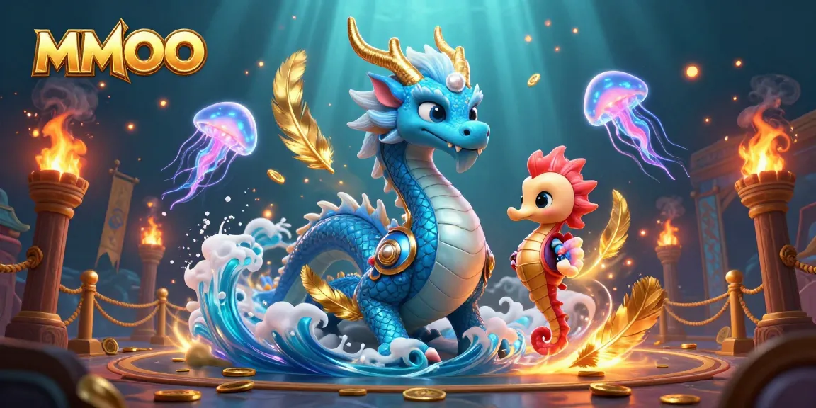 Bet on excitement with MMOO featuring a vibrant dragon, seahorse knight, and jellyfish in a dynamic casino scene.
