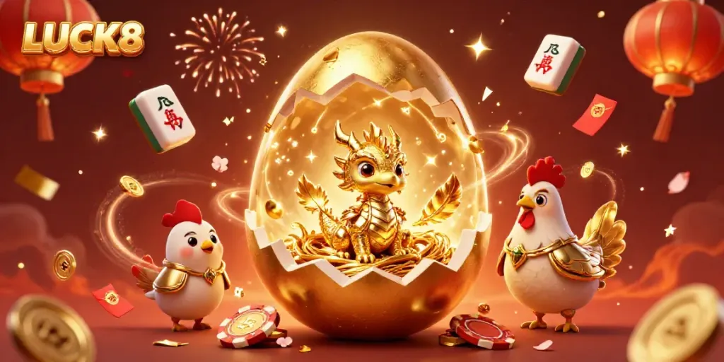 Experience LUCK8 with a golden dragon, vibrant poker chips, and festive decorations in this energetic casino scene.