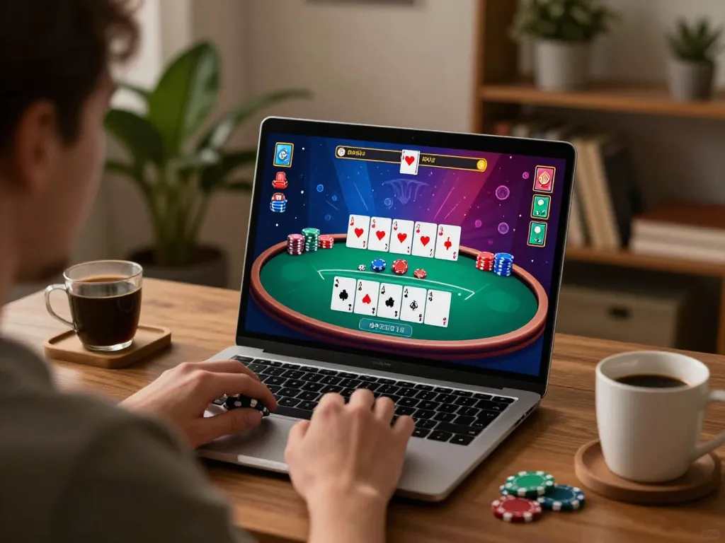 33win player engaged in an exciting online blackjack game, showcasing interactive gameplay and a cozy home setting