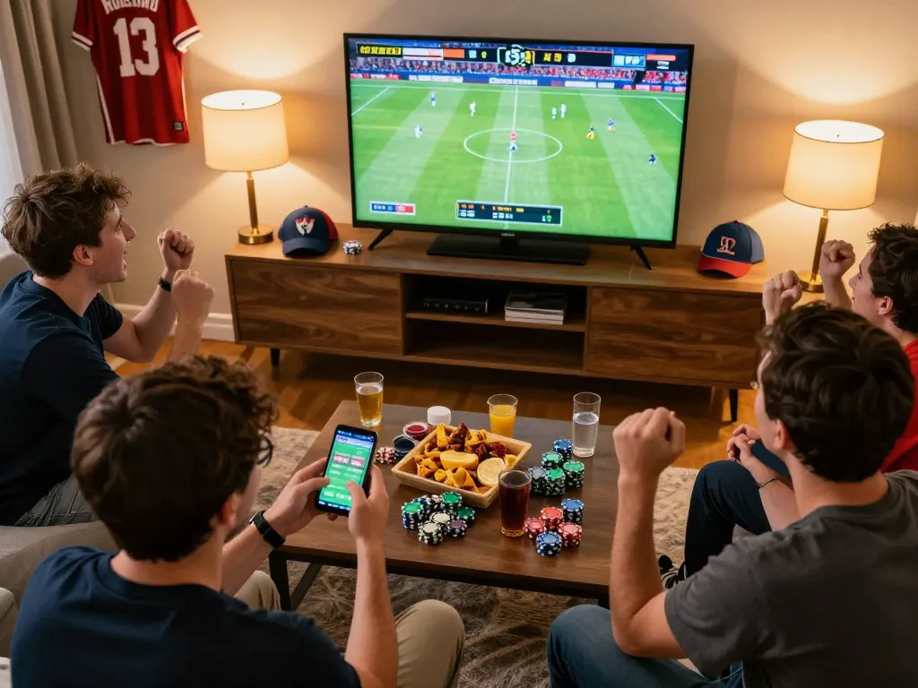 Engaged players placing sports bets on Five88 app during a thrilling live game at home.