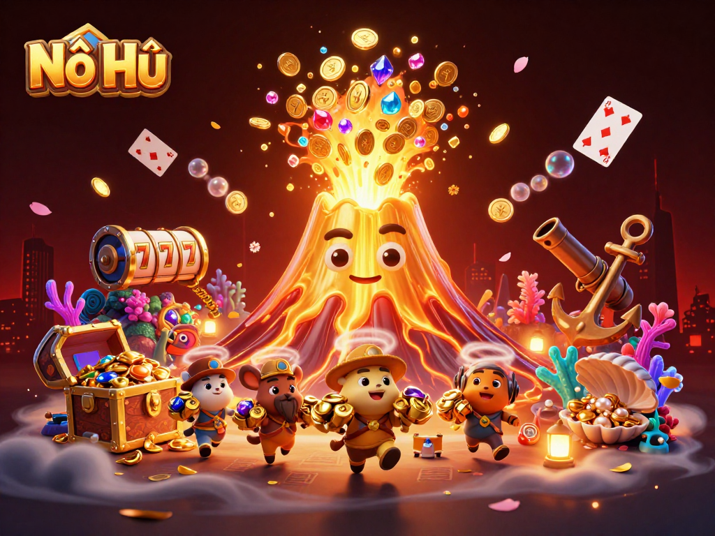 Nổ Hũ casino image depicting a golden volcano eruption with treasures, slot reels, and colorful gems.