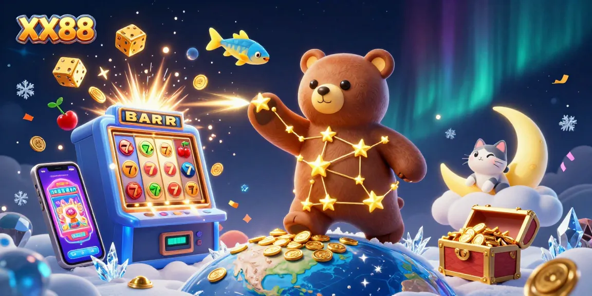 Experience the magic of XX88 with joyful gaming elements and a whimsical bear in the night sky.