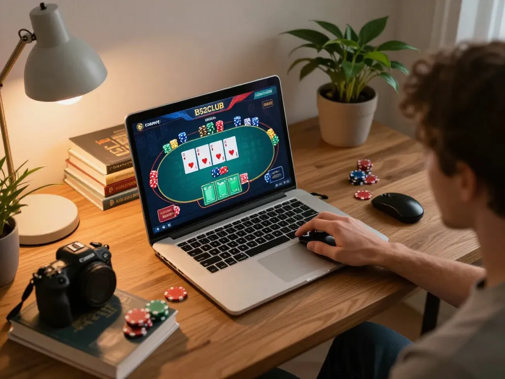 B52CLUB online gaming session showing a player strategically placing bets on a laptop in a cozy home office