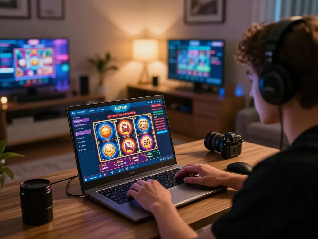 Player enjoying ALO8 VIP online casino, showcasing vibrant slot games and engaging atmosphere