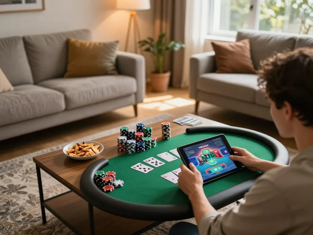 Person engaged in online gambling on a tablet in a cozy living room, featuring ALO8 gaming interface