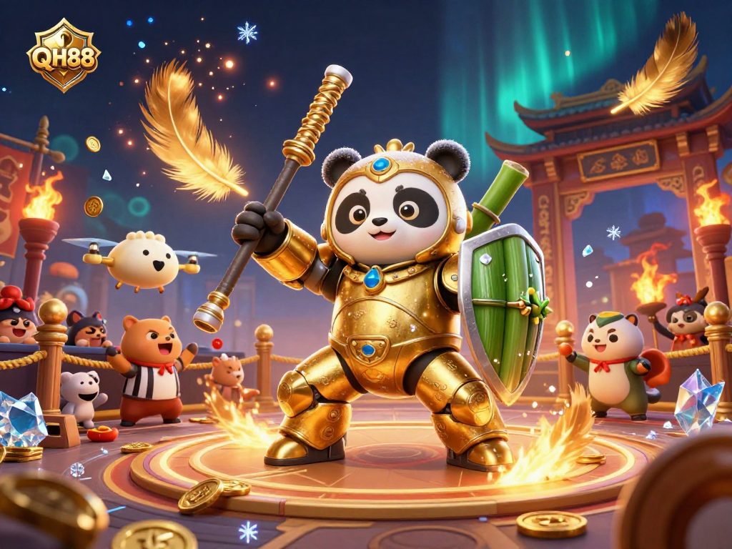 Engage with QH88 strategies in an energetic casino arena featuring a mech-suit panda and golden elements.