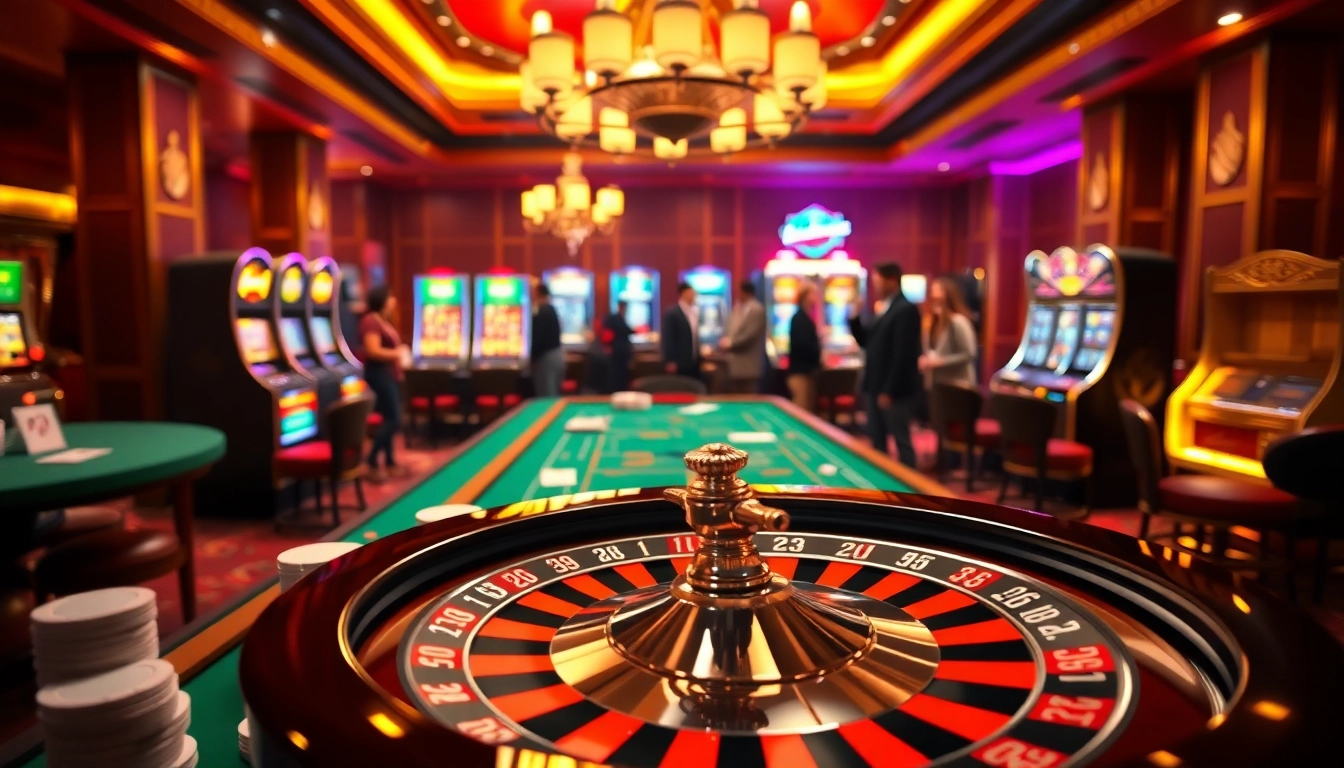 Experience the excitement of QQ88 with a lively casino scene featuring roulette and poker elements.