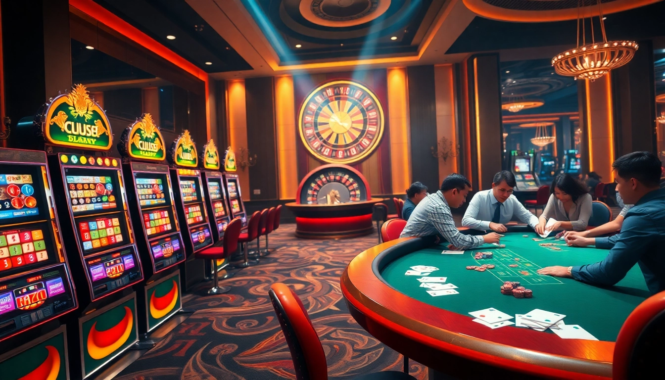 Experience the thrilling atmosphere of https://88okwin.com/ with vibrant casino tables and excited players.