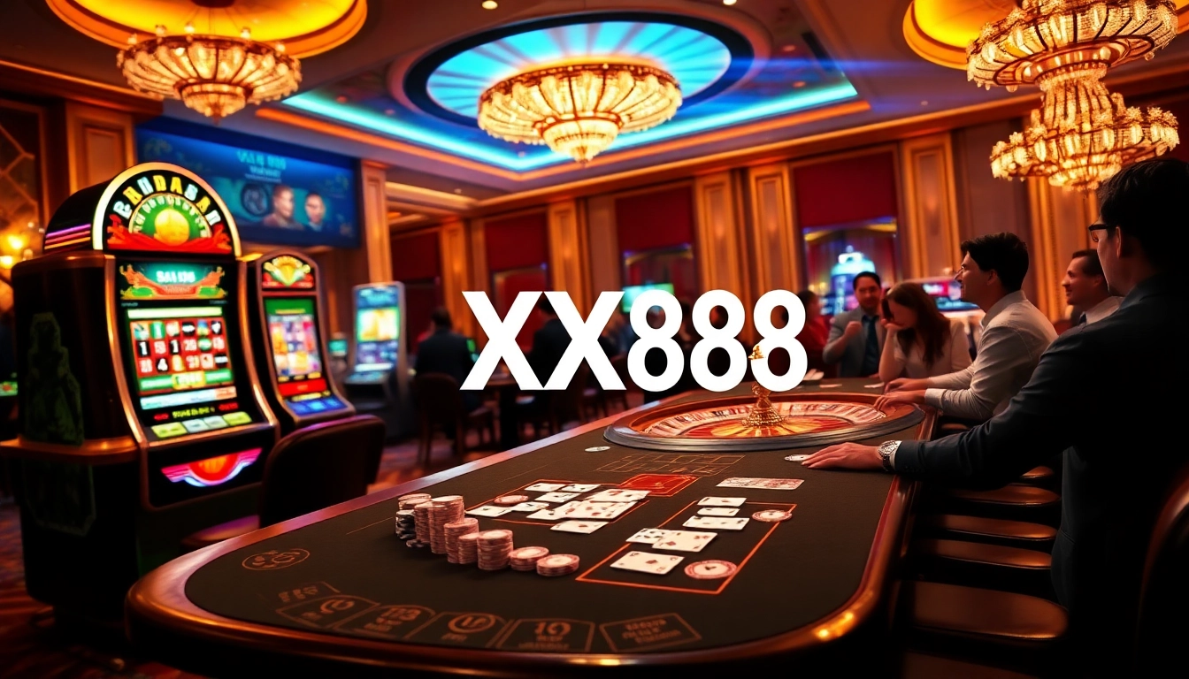 Players celebrating their wins at a glamorous casino featuring XX88 themed decor and vibrant gaming tables.