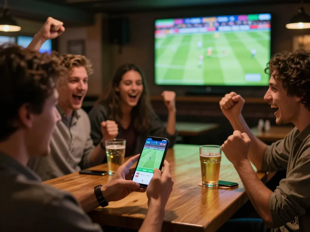 Engaged sports bettor using NOWGOAL app during a live football match at a lively sports bar